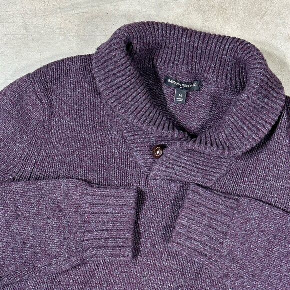 Banana Republic Shawl Collar Sweater Mens Cotton Wool Blend Fisherman Medium - Picture 2 of 8